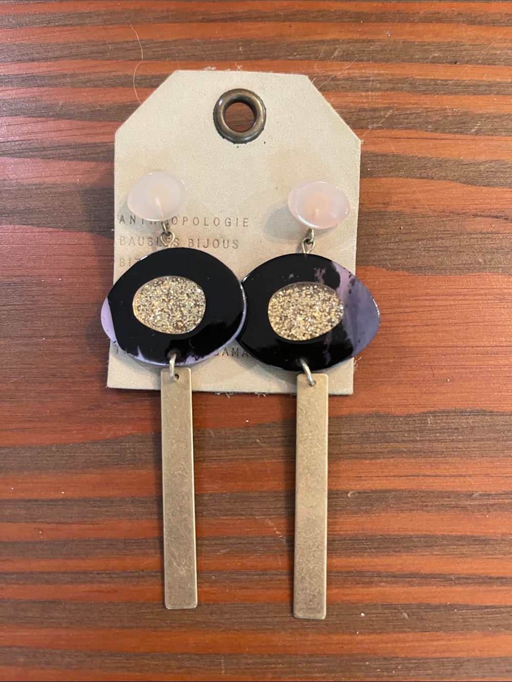 Anthropologie Black and Pale Pink Oval Drop Earrings with Gold Bars